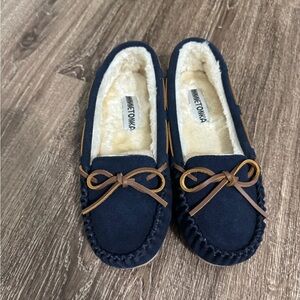 Minnetonka Dark Blue Moccasins with Tan Bow